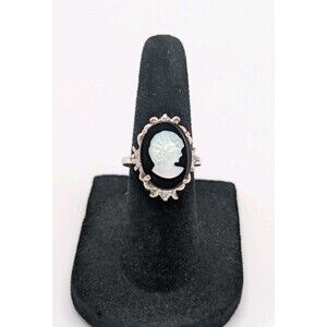 Vintage Lind Art Deco Cameo Black Faux Onyx 925 Sterling Silver Plated Ring